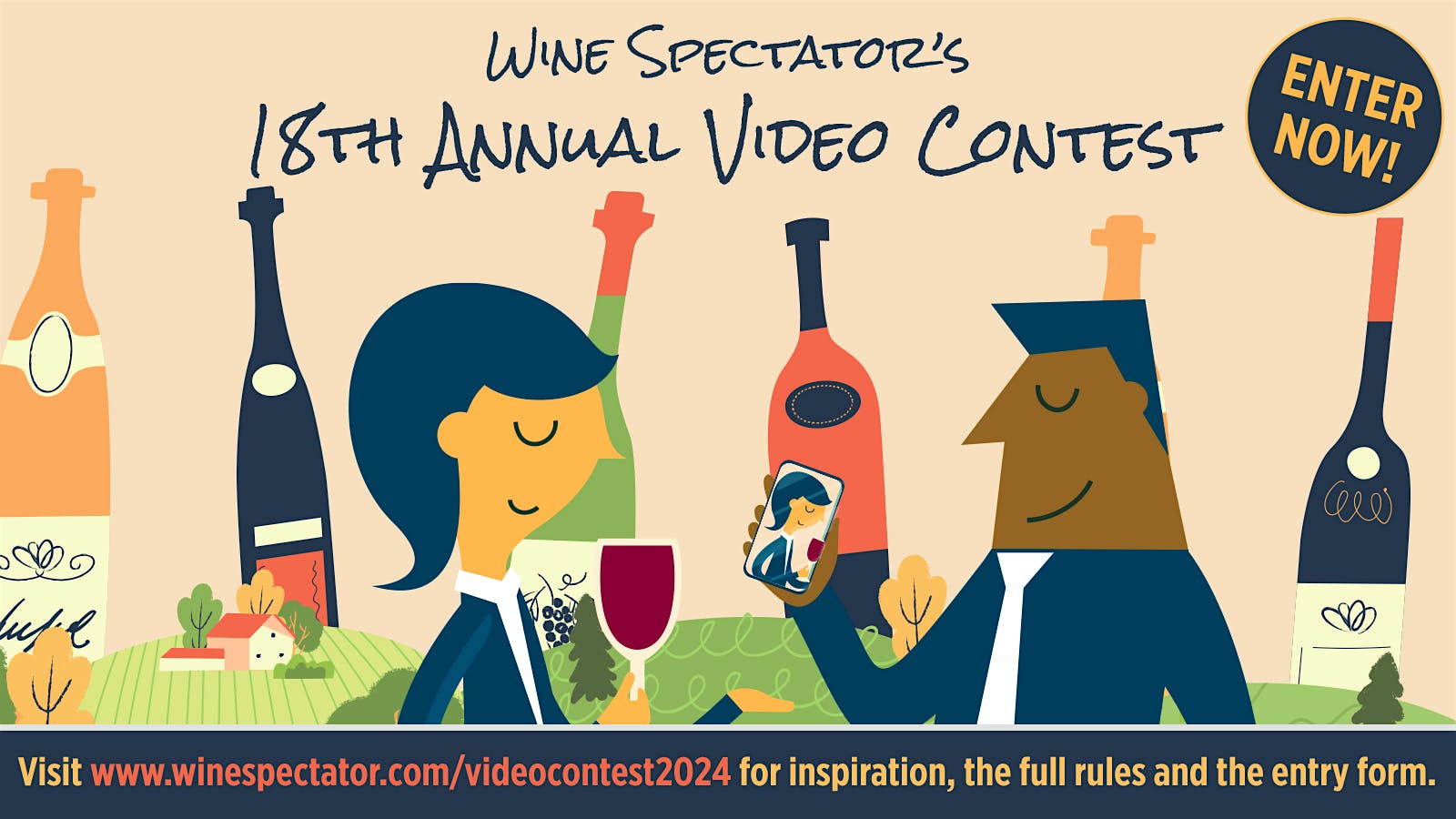 Graphic for Wine Spectator's 18th annual Video Contest with one person filming another drinking wine